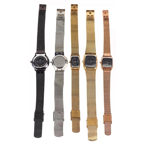 2572 - Five Skagen ladies wristwatches, some with mother of pearl dials.