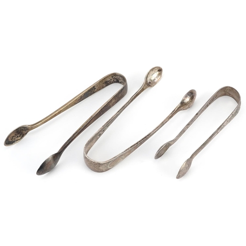 198 - Three pairs of Victorian and later silver sugar tongs, the largest 9cm in length, total 47.5g.