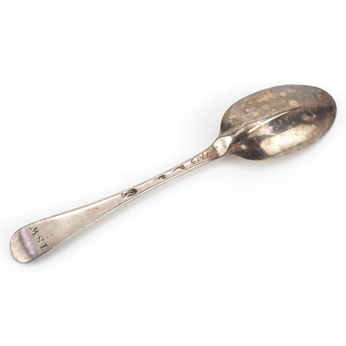 360 - An early 18th century silver rat tail spoon, indistinct hallmarks, possibly London 1705, engraved 17... 