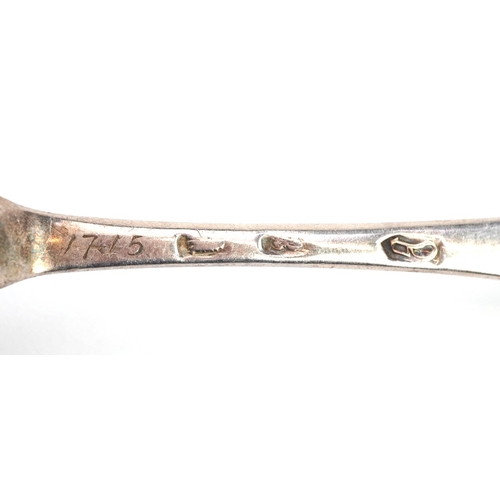 360 - An early 18th century silver rat tail spoon, indistinct hallmarks, possibly London 1705, engraved 17... 