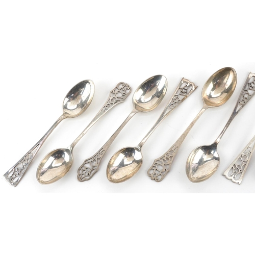 358 - Nine silver teaspoons with APGC pierced terminals, Sheffield hallmarks, 11cm in length, total 102.5g... 