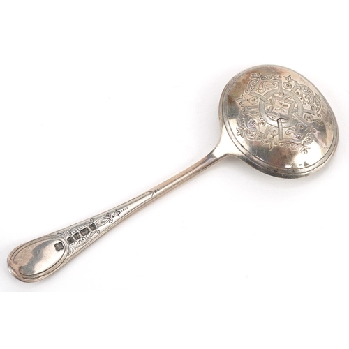 195 - Martin, Hall & Co., a Victorian silver caddy spoon with engraved decoration, Sheffield 1875, 11.5cm ... 