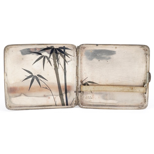 63 - A Japanese Chiyodaya 950 silver niello work cigarette case decorated with bamboo grove, 8.5cm in len... 