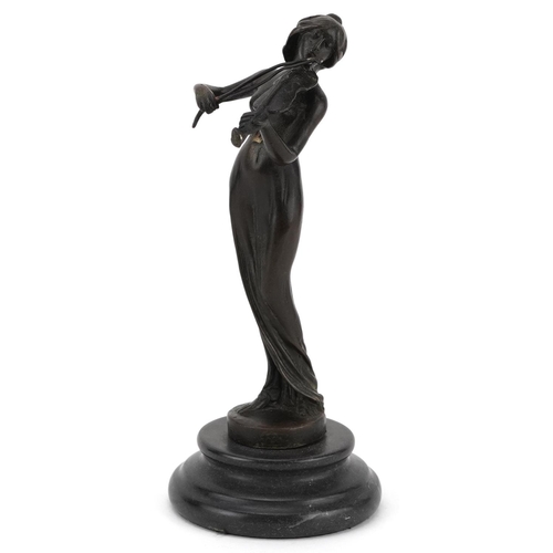 1346 - A patinated bronze study of a female playing the violin, raised on a circular black marble base, 19.... 