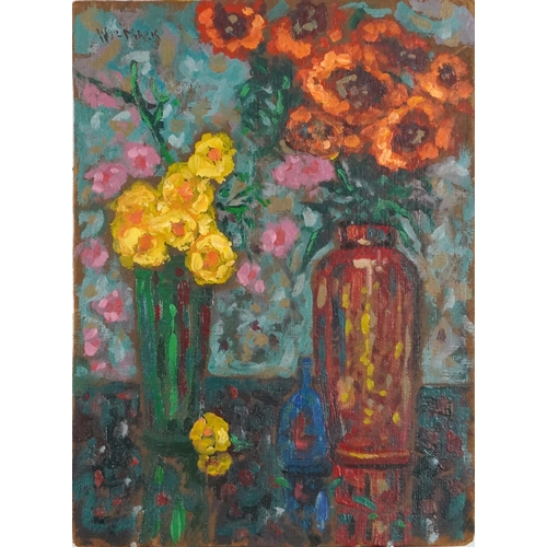 2642 - W. Mark - Still life flowers in vases, 20th century British school oil on board, signed, unframed, 4... 