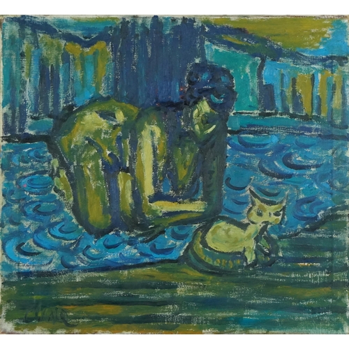 2645 - Clive - Female nude with cat, 20th century British school oil on canvas, signed, unframed, 51cm x 56... 