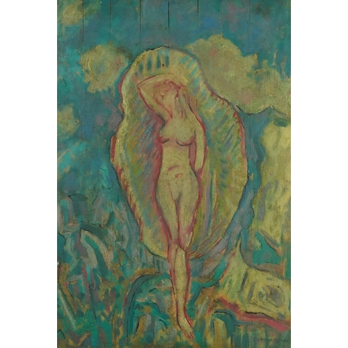 2648 - Abstract female nude, mid 20th century Eastern European school oil on board, indistinctly signed, fr... 