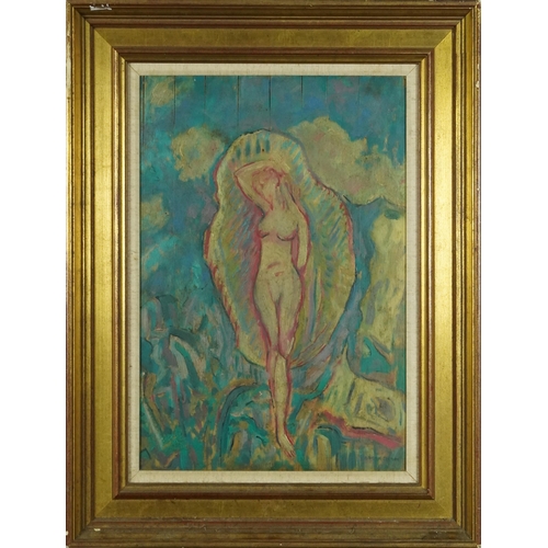 2648 - Abstract female nude, mid 20th century Eastern European school oil on board, indistinctly signed, fr... 