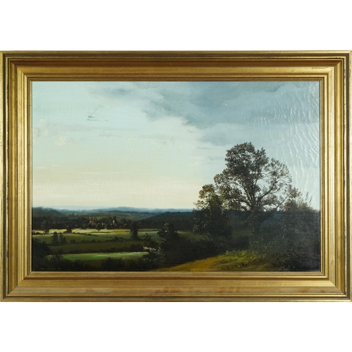 2587 - Peter Newcombe - Landscape with village in the distance, mid 20th century British school, oil on can... 