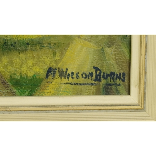 2583 - A. Wilson Burns - Haystacks in a landscape, 20th century British school, oil on canvas, signed, fram... 