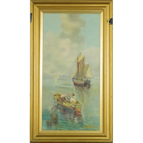 2595 - Boats at sea, 20th century continental school oil on canvas, indistinctly signed, framed, 60cm x 30c... 