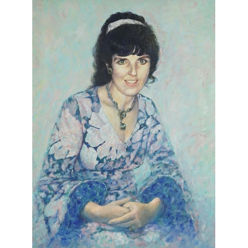 2616 - Douglas Leggat - Half length portrait of a lady, 20th century British school oil on canvas, framed, ... 