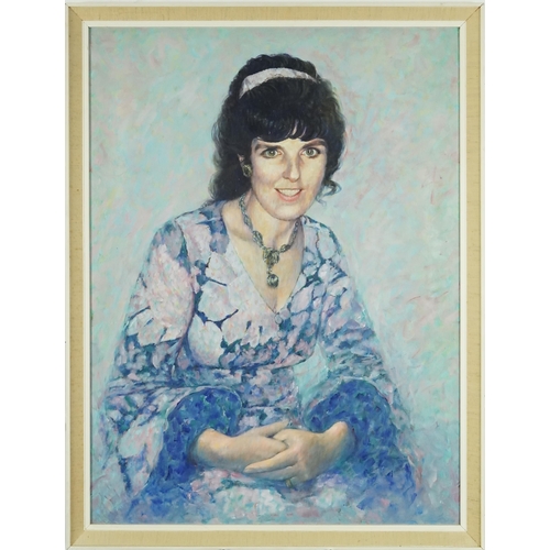 2616 - Douglas Leggat - Half length portrait of a lady, 20th century British school oil on canvas, framed, ... 