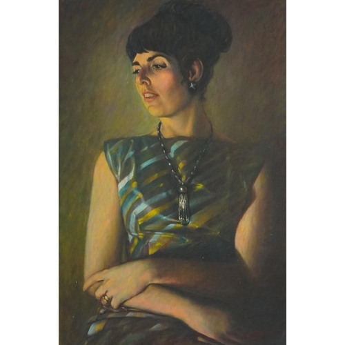 2616 - Douglas Leggat - Half length portrait of a lady, 20th century British school oil on canvas, framed, ... 