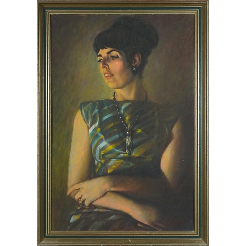 2616 - Douglas Leggat - Half length portrait of a lady, 20th century British school oil on canvas, framed, ... 