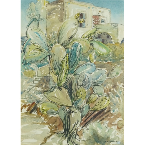 2599 - Douglas Leggat - Study of a cactus in a garden, 20th century British school watercolour on paper, fr... 