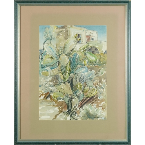 2599 - Douglas Leggat - Study of a cactus in a garden, 20th century British school watercolour on paper, fr... 