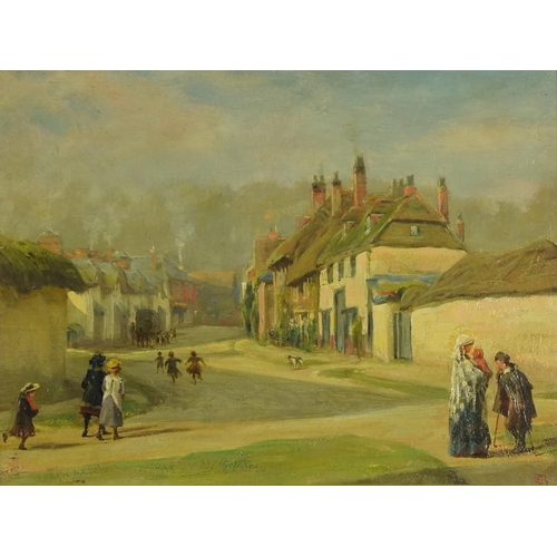 2656 - Village scene, 19th century British school oil on board, initialled, framed.