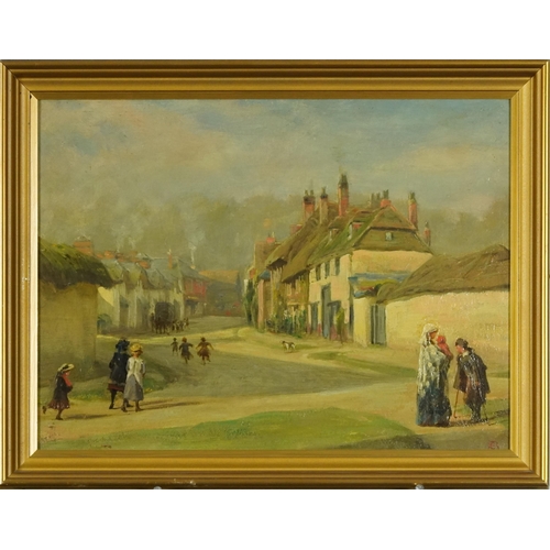 2656 - Village scene, 19th century British school oil on board, initialled, framed.