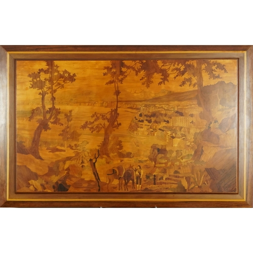 125 - Gianni Paturzo - A mid 20th century Italian Sorrento inlaid panel, coastal landscape view, inlaid wi... 