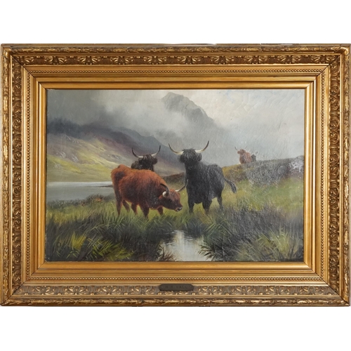 2594 - H.R. Hall - Highland cattle, early 20th century British school oil on canvas, signed, framed, 40cm x... 