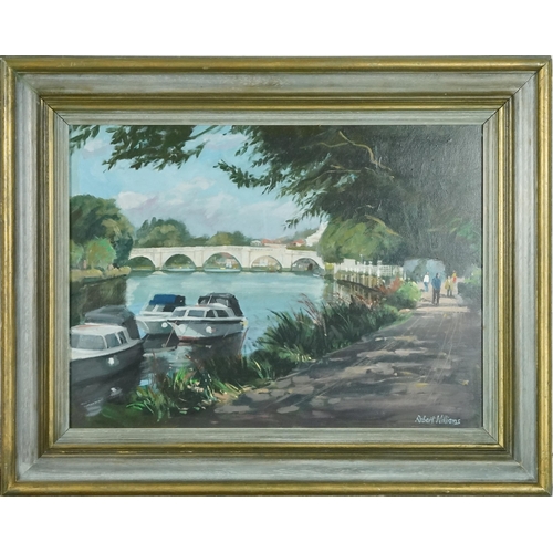 2597 - Robert Williams - A View of the Thames, 20th century British school, oil on board, signed, framed, 3... 