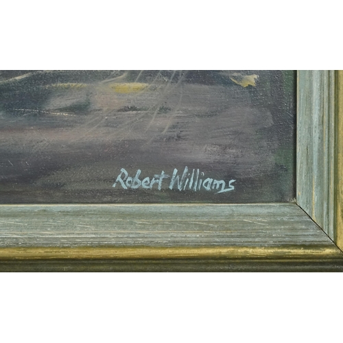 2597 - Robert Williams - A View of the Thames, 20th century British school, oil on board, signed, framed, 3... 