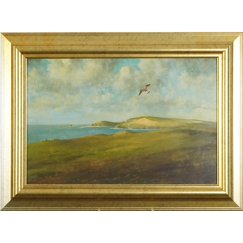 2602 - Richard Barrie Treleaven - Coastal landscape, 20th century British school oil on board, signed, fram... 