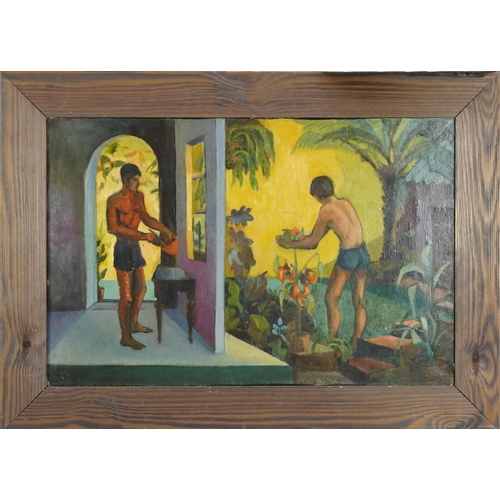 2603 - Figures within an interior, 20th century continental School, oil on canvas, framed, 40cm x 60cm.