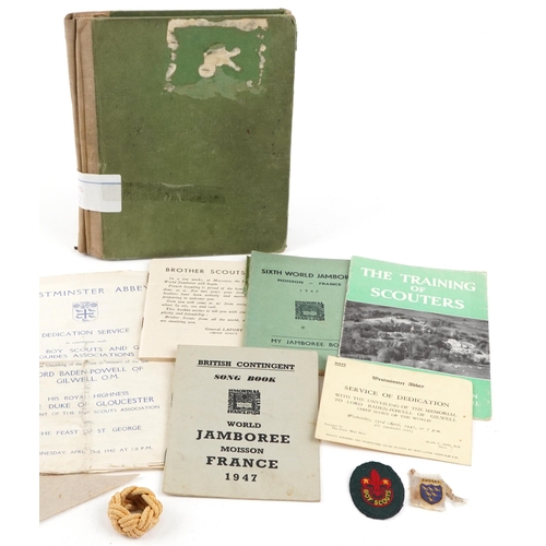 1632 - A small group of Scouting related items including The World Jamboree, Miosson 1947, hymn sheet, a st... 