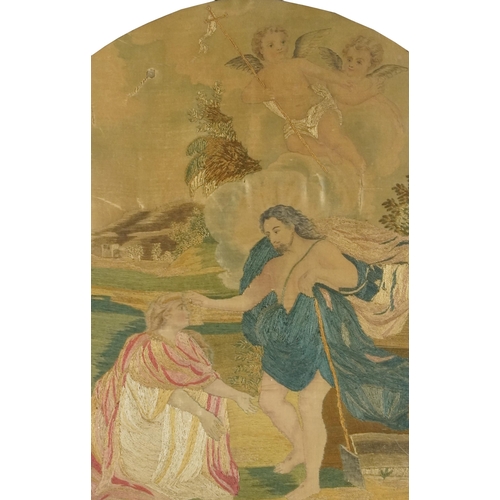 205 - A 19th century silk and embroidered panel depicting a biblical scene within a giltwood and gesso fra... 