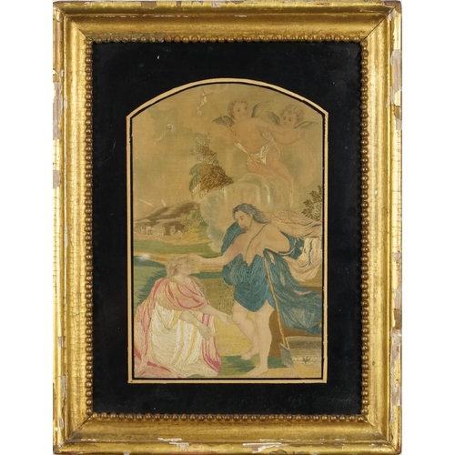 205 - A 19th century silk and embroidered panel depicting a biblical scene within a giltwood and gesso fra... 