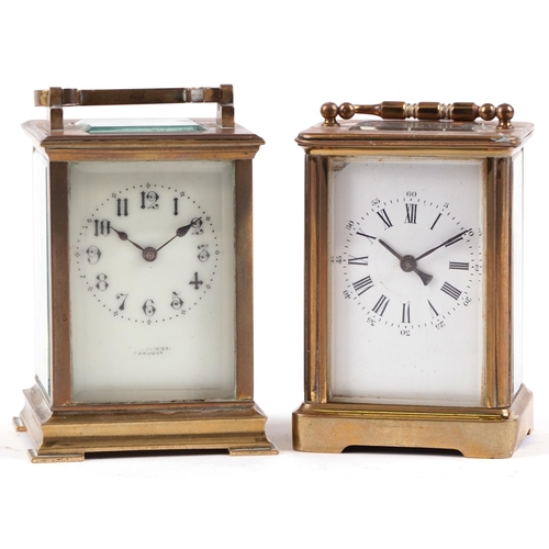 112 - An early 20th century brass cased carriage clock, 8cm wide, together with a similar carriage clock, ... 