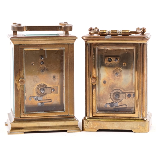 112 - An early 20th century brass cased carriage clock, 8cm wide, together with a similar carriage clock, ... 