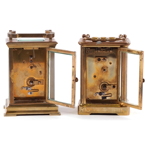 112 - An early 20th century brass cased carriage clock, 8cm wide, together with a similar carriage clock, ... 