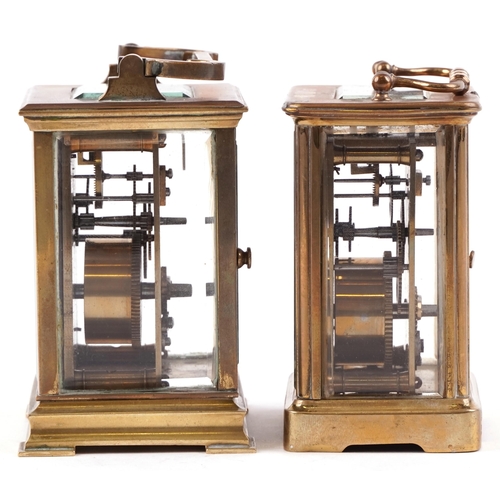 112 - An early 20th century brass cased carriage clock, 8cm wide, together with a similar carriage clock, ... 