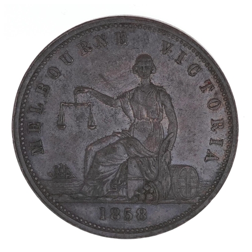 1449 - An Australian Peace & Plenty one penny token dated 1858, 34mm in diameter, extremely fine condition.