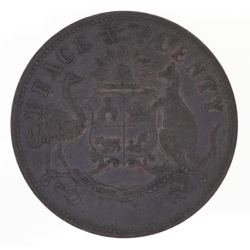 1449 - An Australian Peace & Plenty one penny token dated 1858, 34mm in diameter, extremely fine condition.