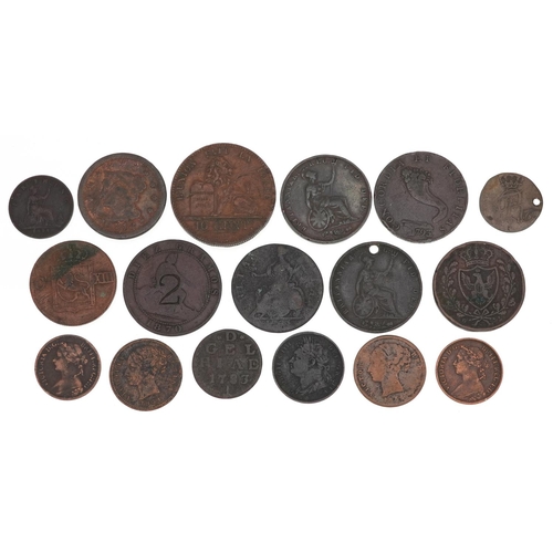 1452 - 18th and 19th century coins and tokens to include a 1793 Inverness half penny, a USA 1848 large cent... 