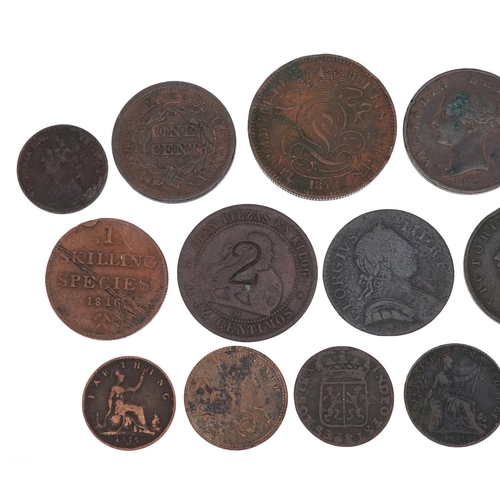 1452 - 18th and 19th century coins and tokens to include a 1793 Inverness half penny, a USA 1848 large cent... 