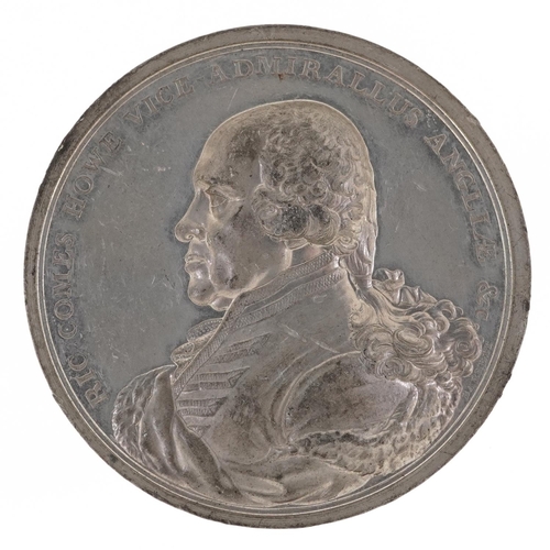 1459 - A large George III Glorious First of June white metal medal dated 1st June 1794, the obverse showing... 