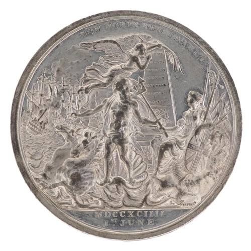 1459 - A large George III Glorious First of June white metal medal dated 1st June 1794, the obverse showing... 