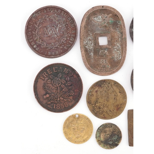 1453 - 17th century and later British and world copper brass coinage to include a 1668 Canterbury token, a ... 