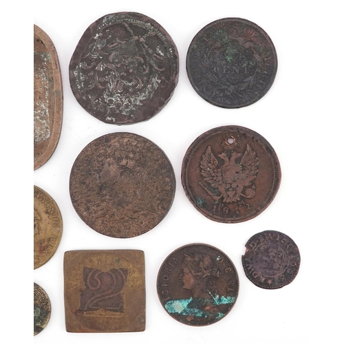 1453 - 17th century and later British and world copper brass coinage to include a 1668 Canterbury token, a ... 