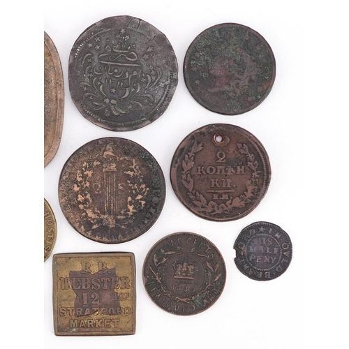 1453 - 17th century and later British and world copper brass coinage to include a 1668 Canterbury token, a ... 