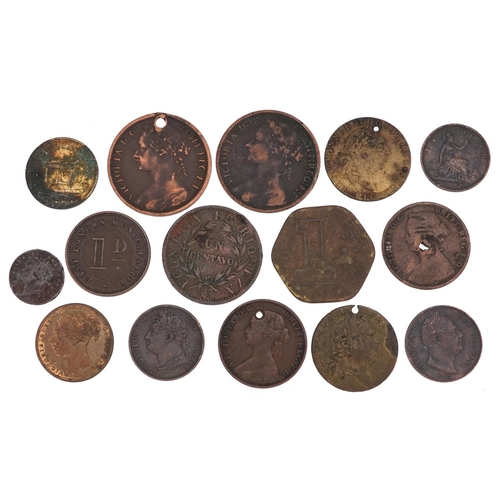 1450 - 18th and 19th century copper coins and gaming tokens to include farthings and pennies.