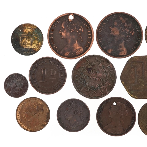 1450 - 18th and 19th century copper coins and gaming tokens to include farthings and pennies.