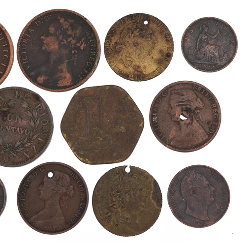 1450 - 18th and 19th century copper coins and gaming tokens to include farthings and pennies.