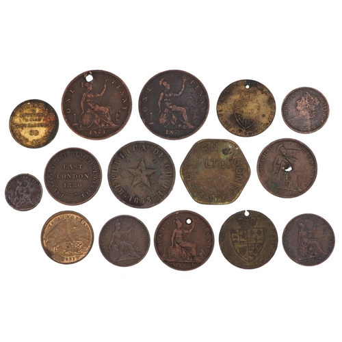 1450 - 18th and 19th century copper coins and gaming tokens to include farthings and pennies.