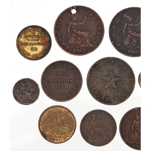 1450 - 18th and 19th century copper coins and gaming tokens to include farthings and pennies.